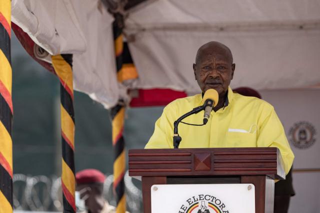 Ugandan President Yoweri Museveni addresses the media after being nominated as a Presidential candidate for his seventh term in office at the electoral commission offices in Wakiso on September 23, 2025. (Photo by BADRU KATUMBA / AFP)