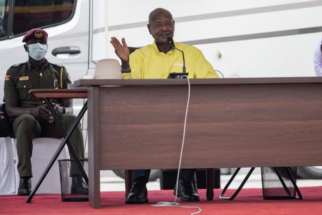 Ugandan President Yoweri Museveni addresses the media after being nominated as a Presidential candidate for his seventh term in office at the electoral commission offices in Wakiso on September 23, 2025. (Photo by BADRU KATUMBA / AFP)