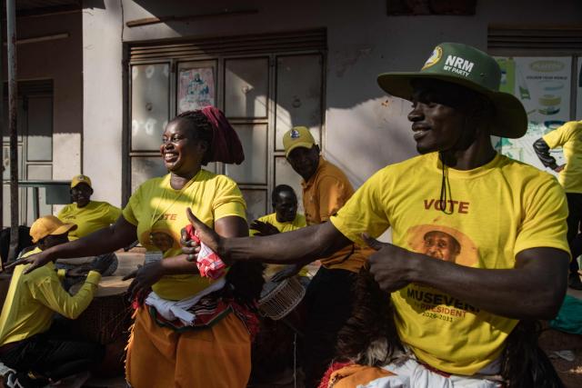 Supporters of Ugandan President Yoweri Museveni celebrate in Lweza, Wakiso, on September 23, 2025, as he receives his nomination from the electoral commission. (Photo by BADRU KATUMBA / AFP)