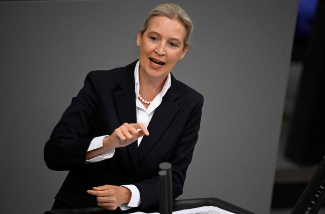 The co-leader of the far-right Alternative for Germany (AfD) party Alice Weidel speaks during a debate on the 2026 budget at the Bundestag, Germany's lower house of parliament in Berlin on September 24, 2025. (Photo by Tobias SCHWARZ / AFP)