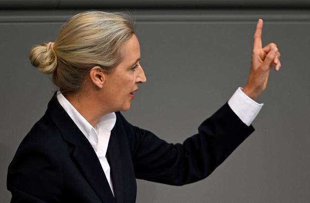 The co-leader of the far-right Alternative for Germany (AfD) party Alice Weidel speaks during a debate on the 2026 budget at the Bundestag, Germany's lower house of parliament in Berlin on September 24, 2025. (Photo by Tobias SCHWARZ / AFP)