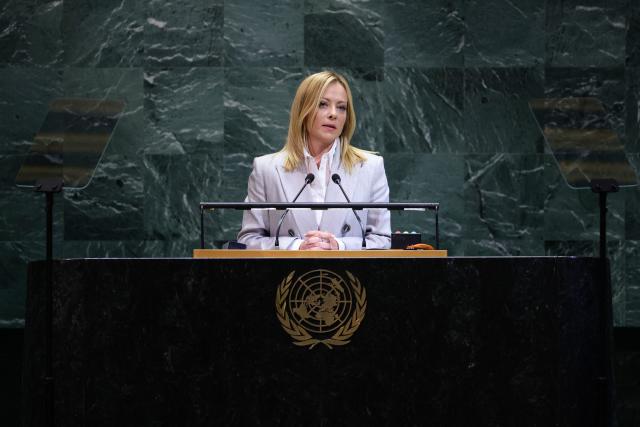 Italian Prime Minister Giorgia Meloni speaks during the General Debate of the United Nations General Assembly at the UN headquarters in New York City on September 24, 2025. (Photo by Leonardo MUNOZ / AFP)