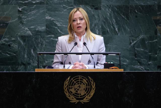 Italian Prime Minister Giorgia Meloni speaks during the General Debate of the United Nations General Assembly at the UN headquarters in New York City on September 24, 2025. (Photo by Leonardo MUNOZ / AFP)