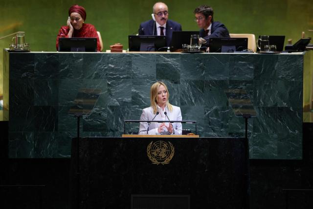 Italian Prime Minister Giorgia Meloni speaks during the General Debate of the United Nations General Assembly at the UN headquarters in New York City on September 24, 2025. (Photo by Leonardo MUNOZ / AFP)