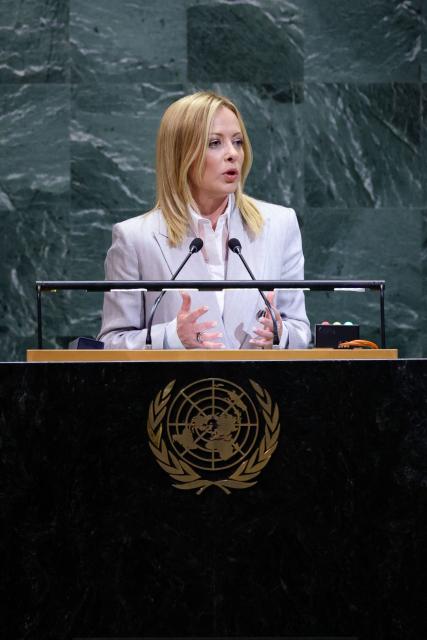Italian Prime Minister Giorgia Meloni speaks during the General Debate of the United Nations General Assembly at the UN headquarters in New York City on September 24, 2025. (Photo by Leonardo MUNOZ / AFP)