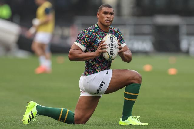 South Africa's fullback Damian Willemse warms up ahead of the Rugby Championship Test match between South Africa and Argentina at Kings Park Stadium in Durban on September 27, 2025. (Photo by PHILL MAGAKOE / AFP)
