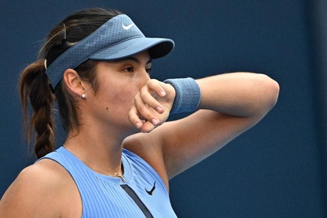 Britain’s Emma Raducanu reacts during her women’s singles match against USA’s Jessica Pegula at the China Open tennis tournament in Beijing on September 29, 2025. (Photo by Pedro Pardo / AFP)
