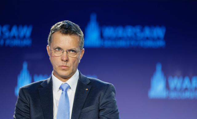 Romania's Minister of National Defence Ionut Mosteanu reacts on stage during the Warsaw Security Forum (WSF) in Warsaw on September 29, 2025. (Photo by Wojtek RADWANSKI / AFP)