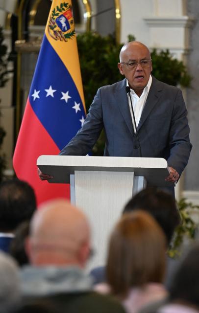 Venezuela's National Assembly President Jorge Rodriguez speaks during a meeting with accredited diplomatic representatives in Caracas on September 29, 2025. Venezuelan President Nicolas Maduro is ready to declare a state of emergency over the threat of US "aggression" following a spate of deadly US strikes on suspected Venezuelan drug boats, Vice President Delcy Rodriguez said on Monday. (Photo by Juan BARRETO / AFP)