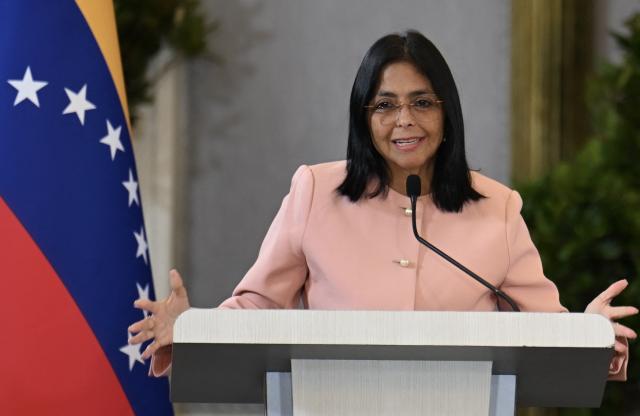 Venezuela's Vice President Delcy Rodriguez speaks during a meeting with accredited diplomatic representatives in Caracas on September 29, 2025. Venezuelan President Nicolas Maduro is ready to declare a state of emergency over the threat of US "aggression" following a spate of deadly US strikes on suspected Venezuelan drug boats, Vice President Delcy Rodriguez said on Monday. (Photo by Juan BARRETO / AFP)