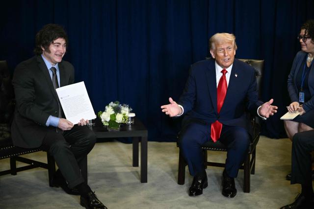 (FILES) US President Donald Trump holds a bilateral meeting with Argentinian President Javier Milei (L) on the sidelines of the United Nations General Assembly in New York City on September 23, 2025. Argentine President Javier Milei is scheduled to be received by US President Donald Trump at the White House on October 14, following the recent announcement of US financial aid to one of its main allies in the region. (Photo by Brendan SMIALOWSKI / AFP)