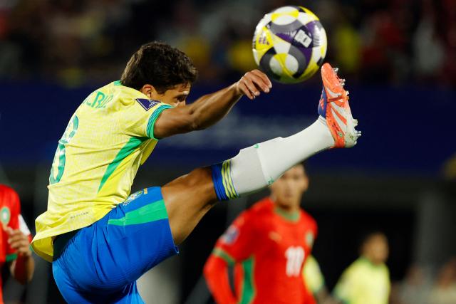 Brazil's midfielder #08 Joao Cruz controls the ball during the 2025 FIFA U-20 World Cup football match between Brazil and Morocco at the National Stadium in Santiago on October 1, 2025. (Photo by Raul BRAVO / AFP)