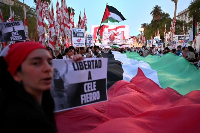 Pro-Palestinian demonstrators wave Palestinian flags and hold banners during a protest against the Israeli army's interception of the Global Sumud Flotilla at Plaza de Mayo square in Buenos Aires, on October 1, 2025. (Photo by Luis ROBAYO / AFP)
