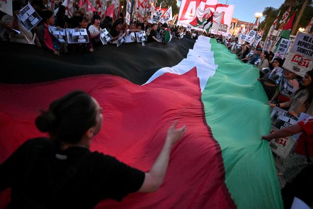 Pro-Palestinian demonstrators wave Palestinian flags and hold banners during a protest against the Israeli army's interception of the Global Sumud Flotilla at Plaza de Mayo square in Buenos Aires, on October 1, 2025. (Photo by Luis ROBAYO / AFP)