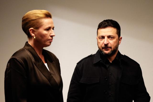 Denmark's Prime Minister Mette Frederiksen (L) meets with Ukraine's President Volodymyr Zelenskyy (R) prior to an meeting of the European Political Community (EPC) Summit at the Bella Center in Copenhagen on October 2, 2025. (Photo by Mads Claus Rasmussen / Ritzau Scanpix / AFP) / Denmark OUT