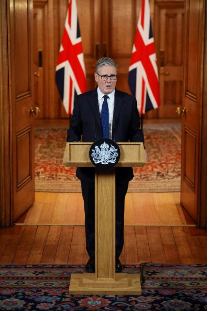 Britain's Prime Minister Keir Starmer delivers a speech inside 10 Downing Street, in central London, on October 2, 2025. The Prime Minister left a European political summit in Denmark early on October 2, to chair an emergency security meeting in London, after two people were killed and four wounded outside a Manchester synagogue packed with worshippers on a Jewish holiday, UK police said, adding they shot dead the suspect in the "terrorist attack". (Photo by James Manning / POOL / AFP)