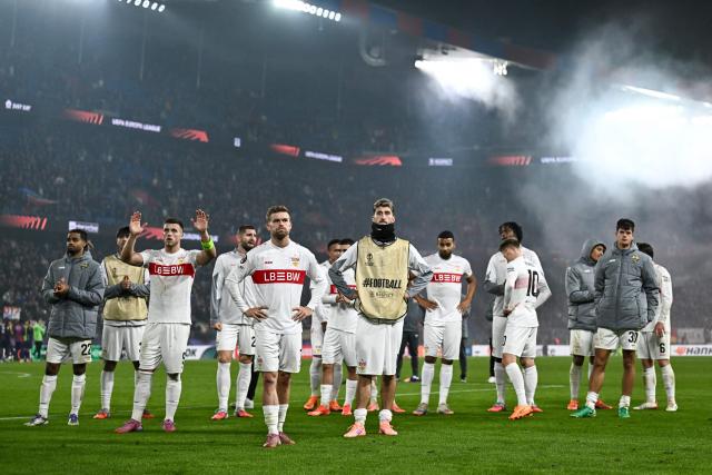 Stuttgart's players react at the end of the UEFA Europa League first round day 2 football match between Basel and Stuttgart at the St. Jakob-Park stadium in Basel on October 2, 2025. (Photo by Fabrice COFFRINI / AFP)