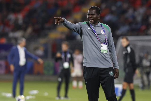 Nigeria's head coach Aliyu Zubairu reacts during the 2025 FIFA U-20 World Cup football match between Nigeria and Saudi Arabia at the Fiscal Stadium in Talca, Chile on October 2, 2025. (Photo by Raul BRAVO / AFP)