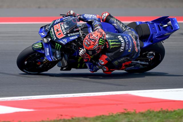 Monster Energy Yamaha MotoGP team's French MotoGP rider Fabio Quartararo rides during the free practice ahead of the MotoGP Indonesian Grand Prix at the Mandalika International Circuit in Mandalika, West Nusa Tenggara on October 3, 2025. (Photo by SONNY TUMBELAKA / AFP)