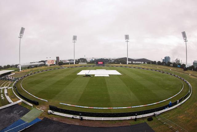 Rain has set in during the second Twenty20 cricket match between New Zealand and Australia at Bay Oval in Mount Maunganui on October 3, 2025. (Photo by Aaron Gillions / AFP)