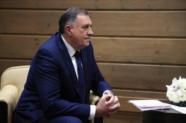 In this pool photograph distributed by the Russian state agency Sputnik, Bosnian Serb leader Milorad Dodik attends a meeting with Russia's President in Sochi on October 2, 2025. (Photo by Mikhail METZEL / POOL / AFP)