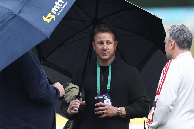 Former New Zealand international player Neil Wagner is seen during the second Twenty20 cricket match between New Zealand and Australia at Bay Oval in Mount Maunganui on October 3, 2025. (Photo by Aaron Gillions / AFP)