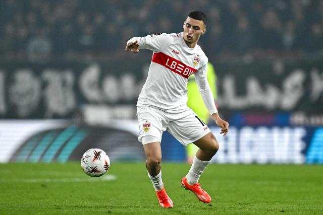 VfB Stuttgart's Moroccan midfielder #11 Bilal el Khannous controls the ball the UEFA Europa League first round football match between Basel and Stuttgart at St. Jakob-Park stadium in Basel on October 2, 2025. (Photo by Fabrice COFFRINI / AFP)