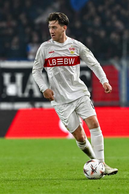 VfB Stuttgart's German midfielder #06 Angelo Stiller controls the ball during the UEFA Europa League first round football match between Basel and Stuttgart at St. Jakob-Park stadium in Basel on October 2, 2025. (Photo by Fabrice COFFRINI / AFP)