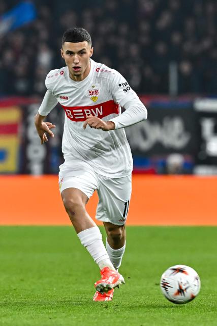 VfB Stuttgart's Moroccan midfielder #11 Bilal el Khannous controls the ball during the UEFA Europa League first round football match between Basel and Stuttgart at St. Jakob-Park stadium in Basel on October 2, 2025. (Photo by Fabrice COFFRINI / AFP)