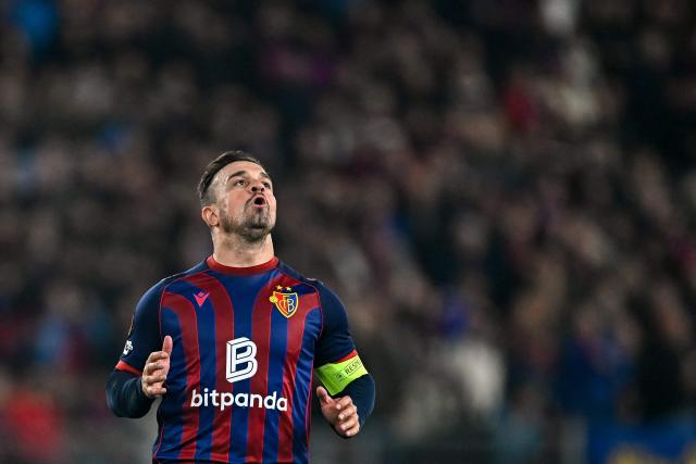 Basel's Swiss midfielder #10 Xherdan Shaqiri reacts during the UEFA Europa League first round football match between Basel and Stuttgart at St. Jakob-Park stadium in Basel on October 2, 2025. (Photo by Fabrice COFFRINI / AFP)