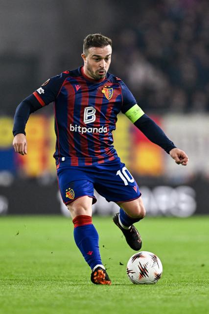 Basel's Swiss midfielder #10 Xherdan Shaqiri controls the ball during the UEFA Europa League first round football match between Basel and Stuttgart at St. Jakob-Park stadium in Basel on October 2, 2025. (Photo by Fabrice COFFRINI / AFP)