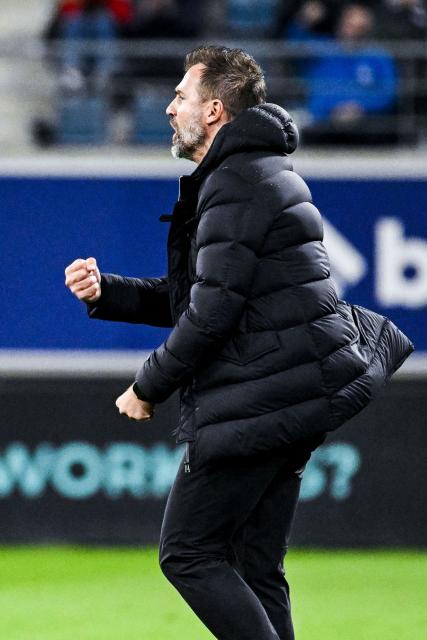 Gent's head coach Ivan Leko celebrates after winning the Belgian pro League football match between KAA Gent and Sporting Charleroi, at the stadium Artevelde in Ghent on October 3, 2025. (Photo by Tom Goyvaerts / Belga / AFP) / Belgium OUT