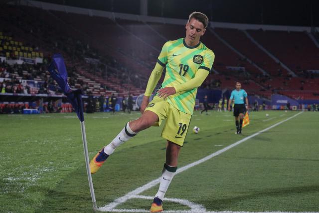 Australia's forward #19 Max Caputo celebrates scoring his team's first goal during the 2025 FIFA U-20 World Cup football match between Australia and Cuba at the National Stadium in Santiago on October 4, 2025. (Photo by JAVIER TORRES / AFP)