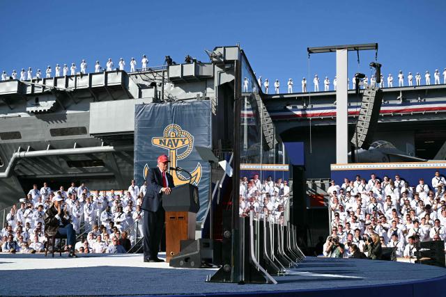 US President Donald Trump delivers remarks during a visit to the USS Harry S. Truman during the US Navy's 250th anniversary celebration, "America's Navy 250: Titans of the Sea - A Salute to the Fleet", at Naval Station Norfolk Pier 14 in Norfolk, Virginia on October 5, 2025. (Photo by SAUL LOEB / AFP)
