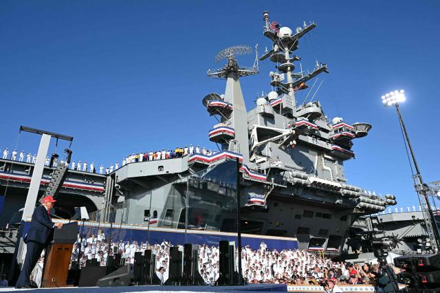US President Donald Trump delivers remarks during a visit to the USS Harry S. Truman during the US Navy's 250th anniversary celebration, "America's Navy 250: Titans of the Sea - A Salute to the Fleet", at Naval Station Norfolk Pier 14 in Norfolk, Virginia on October 5, 2025. (Photo by SAUL LOEB / AFP)