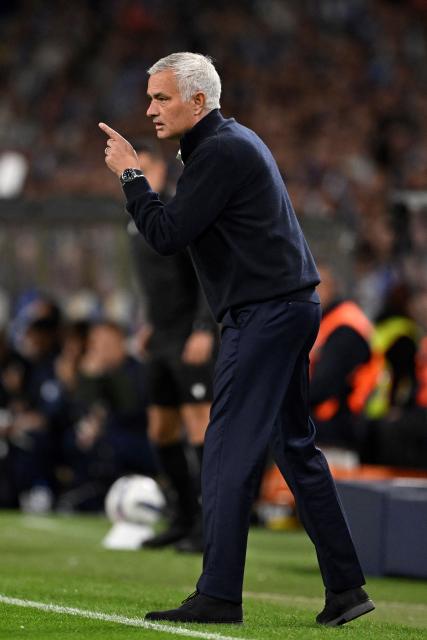 Benfica's Portuguese coach Jose Mourinho gestures on the touchline during the Portuguese League football match between FC Porto and SL Benfica at the Dragao stadium in Porto, on October 5, 2025. (Photo by Miguel LEMOS / AFP)
