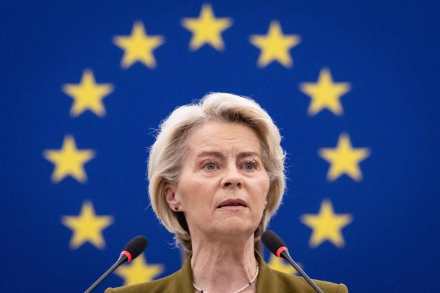 (FILES) EU Commission President Ursula von der Leyen gives her annual State of the Union address during a plenary session at the European Parliament in Strasbourg, eastern France, on September 10, 2025. Ursula von der Leyen, targeted by two motions of censure, called on October 6, 2025 for European MPs to show 'unity,' warning them that any division would be 'exploited'. (Photo by SEBASTIEN BOZON / AFP)