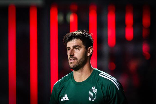 Belgium's goalkeeper Thibaut Courtois attends a training session of Belgium's national football team the Red Devils ahead of the 2026 World Cup Group J qualification football match against North Macedonia at the Proximus Basecamp in Tubize, on October 6, 2025. (Photo by BRUNO FAHY / Belga / AFP) / Belgium OUT