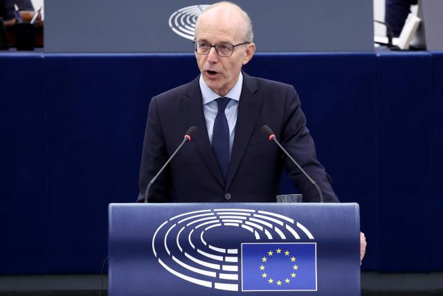 Luxembourg Prime Minister Luc Frieden delivers a speech during the "This is Europe" debate at the European Parliament in Strasbourg, eastern France, on October 7, 2025. (Photo by FREDERICK FLORIN / AFP)