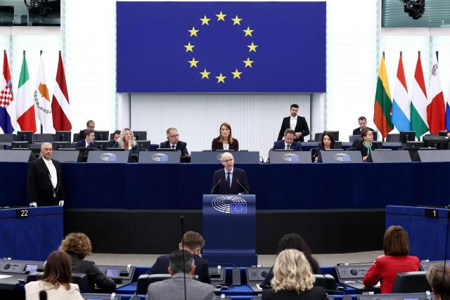 Luxembourg Prime Minister Luc Frieden delivers a speech during the "This is Europe" debate at the European Parliament in Strasbourg, eastern France, on October 7, 2025. (Photo by FREDERICK FLORIN / AFP)