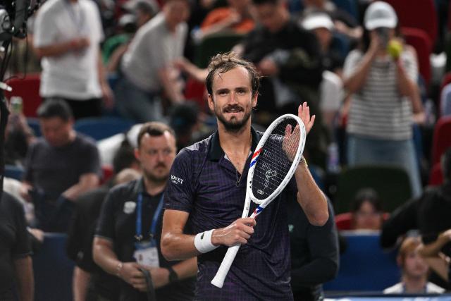 Russia's Daniil Medvedev celebrates beating Australia's Alex de Minaur in their men's singles quarter-final match at the Shanghai Masters tennis tournament in Shanghai on October 10, 2025. (Photo by HECTOR RETAMAL / AFP)