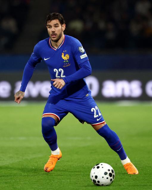 Fance's defender #22 Theo Hernandez controls the ball during the FIFA World Cup 2026 Group D European qualification football match between France and Azerbaijan at the Parc des Princes Stadium in Paris on October 10, 2025. (Photo by FRANCK FIFE / AFP)