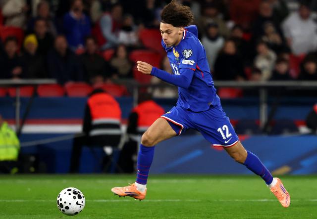 France's midfielder #18 Maghnes Akliouche controls the ball during the FIFA World Cup 2026 Group D European qualification football match between France and Azerbaijan at the Parc des Princes Stadium in Paris on October 10, 2025. (Photo by FRANCK FIFE / AFP)