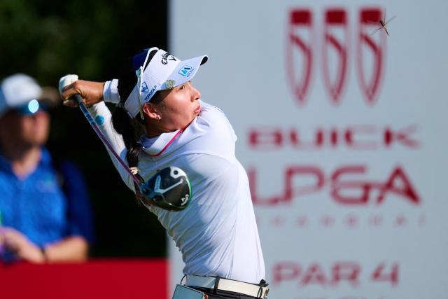 Thailand’s Jeeno Thitikul hits a tee shot during the Shanghai LPGA golf tournament in Shanghai on October 11, 2025. (Photo by AFP) / China OUT