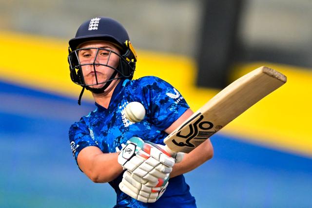 England's captain Nat Sciver-Brunt plays a shot during the ICC Women's Cricket World Cup 2025 one-day international (ODI) match between Sri Lanka and England at the R. Premadasa International Cricket Stadium in Colombo on October 11, 2025. (Photo by Ishara S. KODIKARA / AFP)