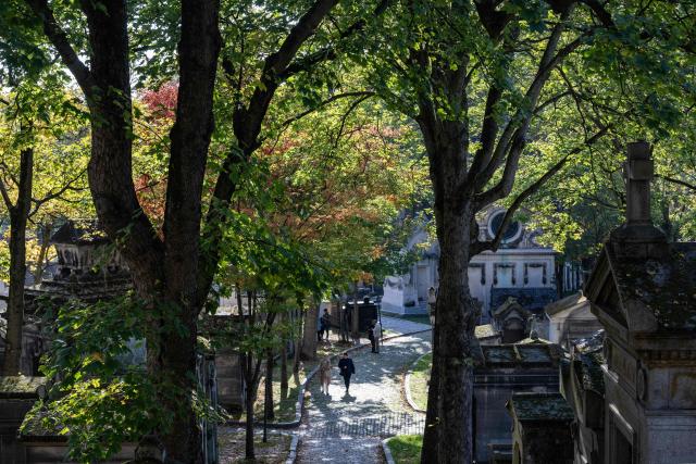 Visitors walk past graves at the Pere Lachaise cemetery in Paris on October 12, 2025. (Photo by Martin LELIEVRE / AFP)