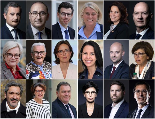 (COMBO) This combination of files photographs created on October 12, 2025 shows newly-appointed members of the cabinet of French Prime Minister Sebastien Lecornu following it's announcement (Top row from left) Minister for Justice Gerald Darmanin, Minister for the Interior Laurent Nunez, Minister of Higher Education and Research Philippe Baptiste,Minister of Health, Families, Autonomy, and People with Disabilities Stephanie Rist, Minister for Sports, Youth, and Community Life Marina Ferrari, Minister of the Economy, Finance, and Industrial, Energy and Digital Sovereignty Roland Lescure, (Middle row from left) Minister for the Armed Forces Catherine Vautrin, Minister for Territorial Planning and Decentralisation Francoise Gatel, Minister of Public Action and Accounts Amelie de Montchalin, Minister for Overseas Territories Naima Moutchou, Minister of Foreign Affairs Jean-Noel Barrot, Minister for Ecological Transition, Biodiversity and International Negotiations on Climate and Nature Monique Barbut, (Bottom row from left) Minister of Small and Medium-Sized Enterprises, Trade, Crafts, Tourism, and Purchasing Power Serge Papin, Minister for Agriculture and Food Sovereignty Annie Genevard, Minister in charge of Transports Philippe Tabarot, Minister of Culture Rachida Dati, Minister for Urban Affairs and Housing Vincent Jeanbrun and Minister for Work and Solidarity Jean-Pierre Farandou. (Photo by AFP)