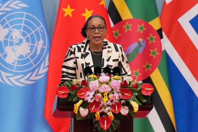 Dominica’s President Sylvanie Burton delivers a speech during the opening ceremony of the Global Women’s Summit at the China National Convention Center in Beijing on October 13, 2025. (Photo by Ken Ishii / POOL / AFP)