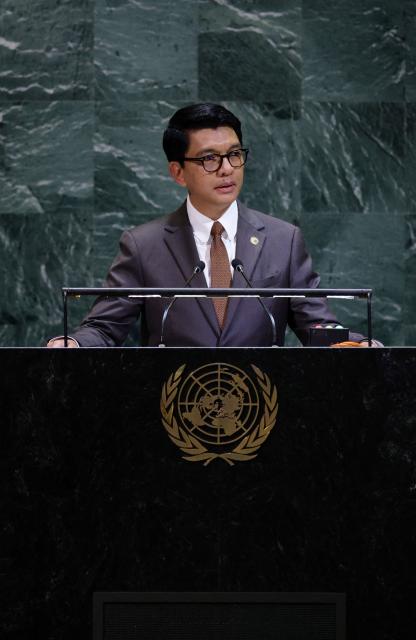 (FILES) Madagascars President Andry Nirina Rajoelina addresses the General Debate of the United Nations General Assembly at UN headquarters in New York City on September 24, 2025. Madagascar's President Andry Rajoelina will address the nation on October 13, 2025 evening, the presidency announced, as calls grow from protesters and a mutineering army unit for him to resign.
Rajoelina said at the weekend an "attempt to seize power illegally" was under way in the Indian Ocean island nation.
He will speak to the nation at 7:00pm (1600 GMT), the presidency said in a statement on Facebook. (Photo by Leonardo MUNOZ / AFP)