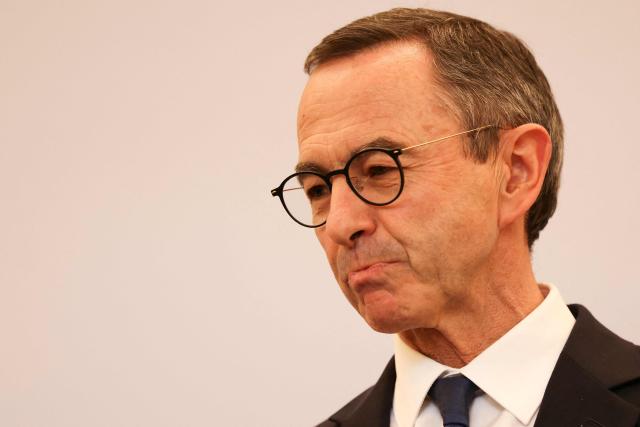 France's outgoing Minister of the Interior Bruno Retailleau delivers a speech during the handover ceremony to welcome France's newly-appointed Minister of the Interior at France's Ministry for the Interior, Place Beauvau, in Paris, on October 13, 2025. (Photo by Alain JOCARD / AFP)